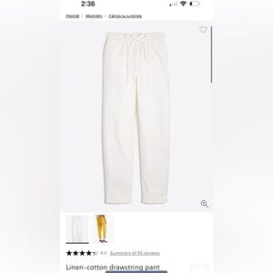 NWT J. Crew White Linen-Cotton Drawstring Pants